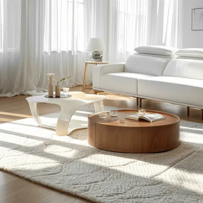 Round Wooden and Abstract Metal Coffee Table with Drawer Image - 1