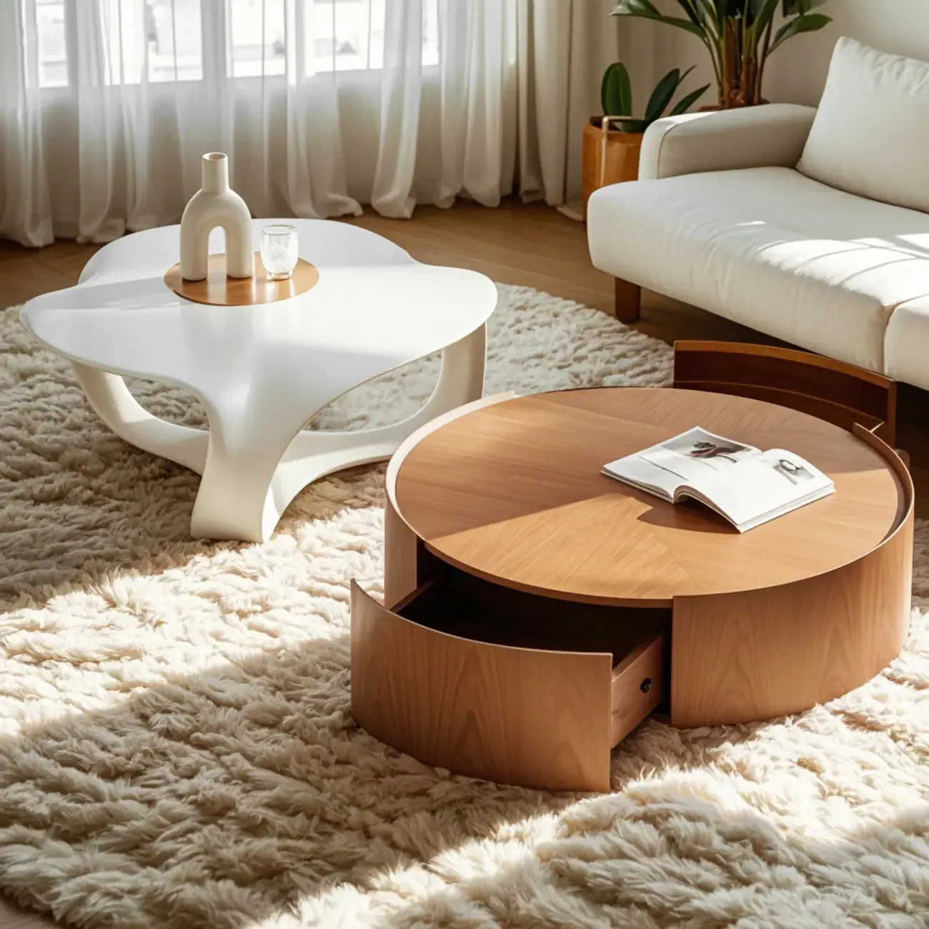 Round Wooden and Abstract Metal Coffee Table with Drawer Image - 2