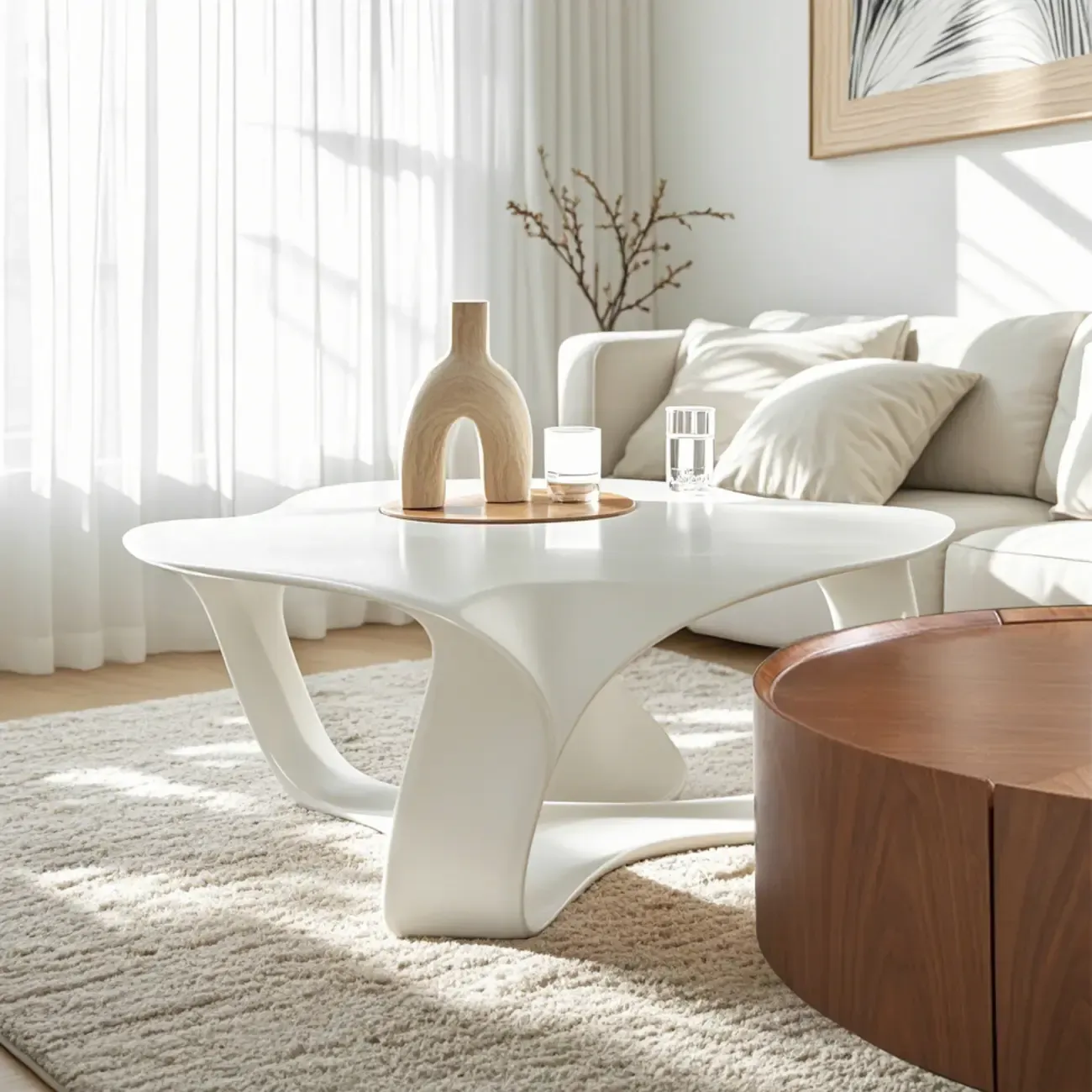 Round Wooden and Abstract Metal Coffee Table with Drawer Image - 3