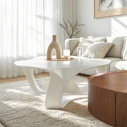 Round Wooden and Abstract Metal Coffee Table with Drawer Image - 3