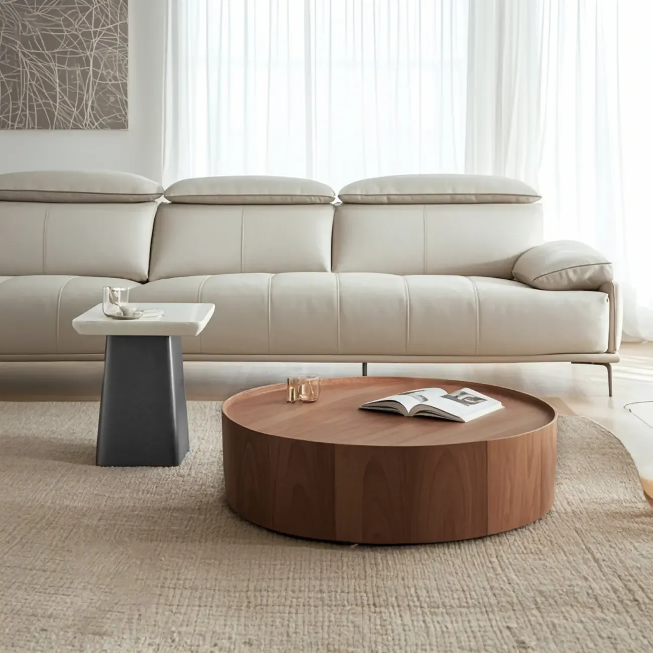 Round Wooden and Abstract Metal Coffee Table with Drawer Image - 4