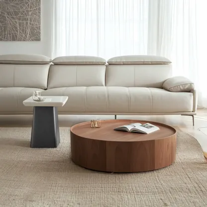 Round Wooden and Abstract Metal Coffee Table with Drawer Image - 4