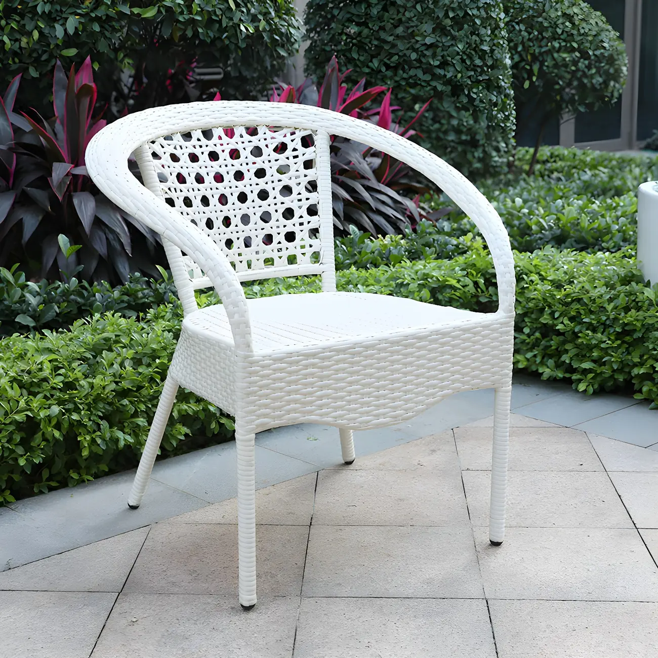 White Wicker Outdoor Stackable Dining Chair Image - 1 | homeyfad