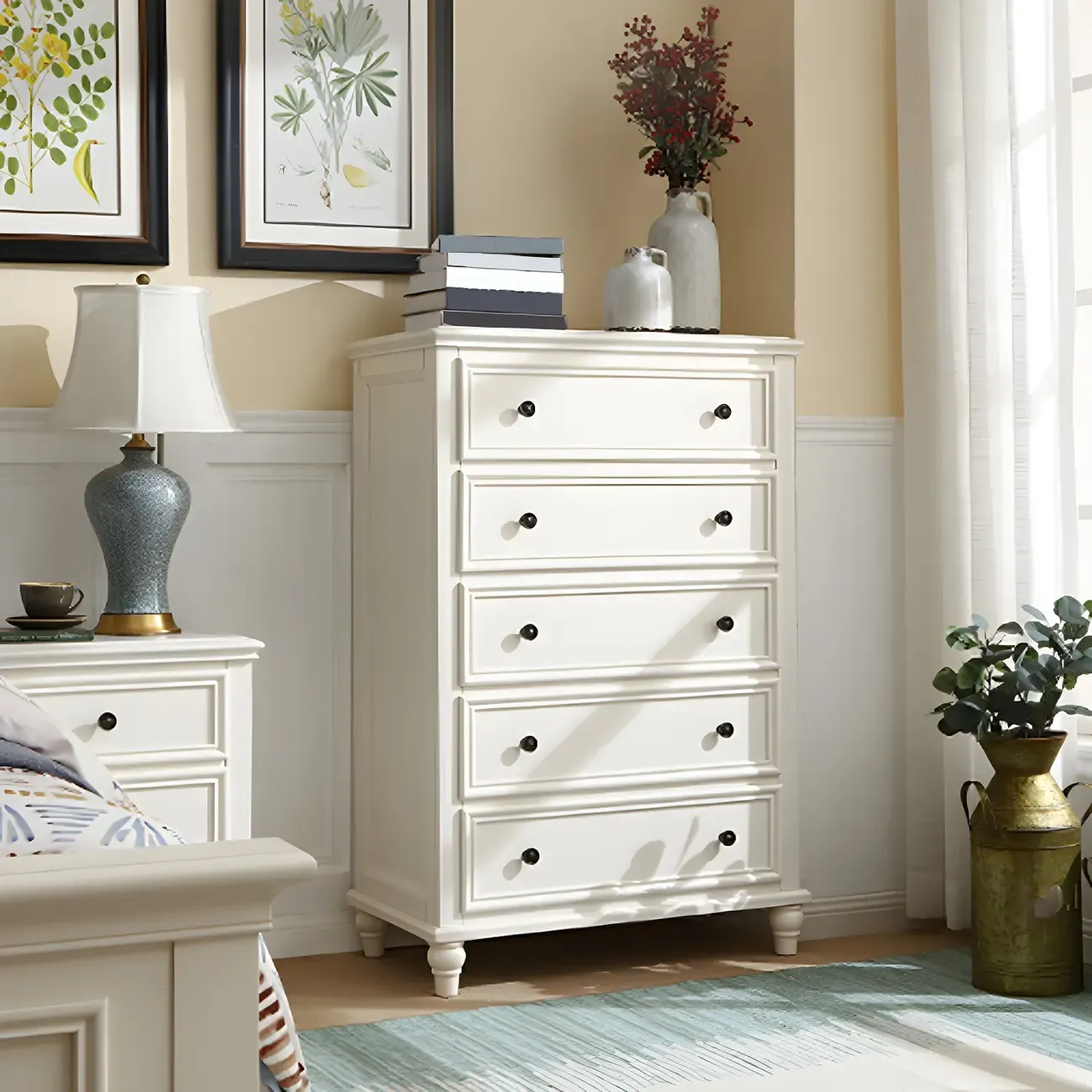 Classic White Wooden Dresser with 5-Drawers for Bedroom Use Image - 1