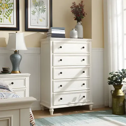 Classic White Wooden Dresser with 5-Drawers for Bedroom Use Image - 1