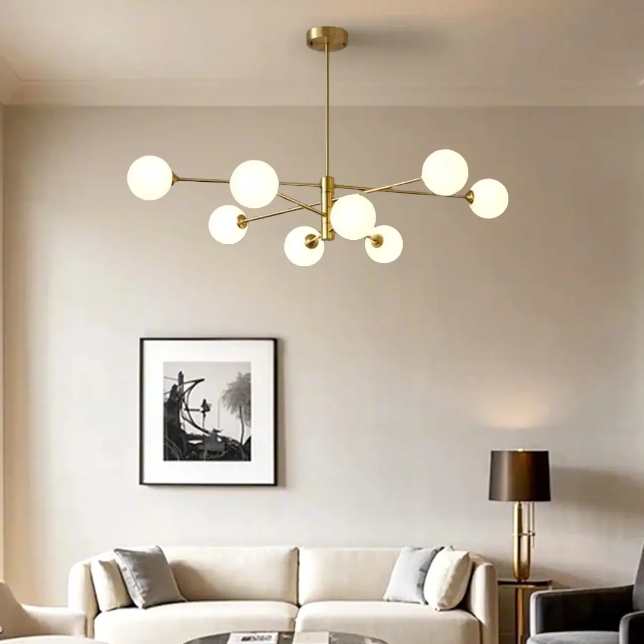 Modern 8-Light Sputnik Chandelier with Glass Lampshade Image - 2