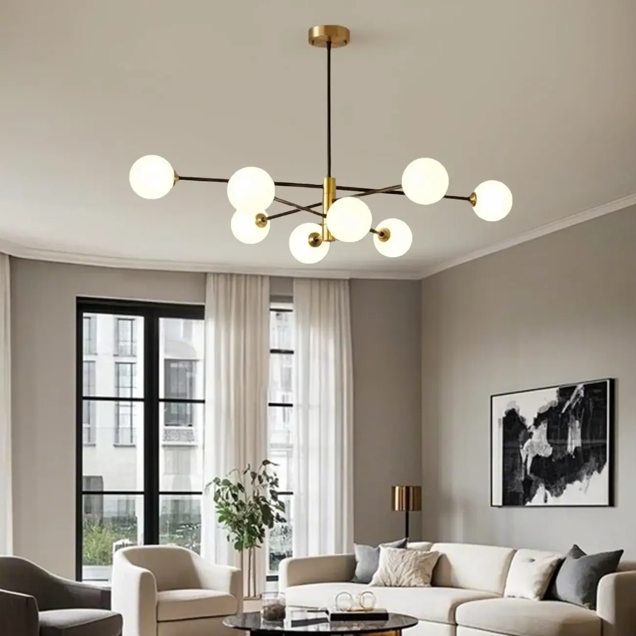  Modern 8-Light Sputnik Chandelier with Glass Lampshade Image - 3