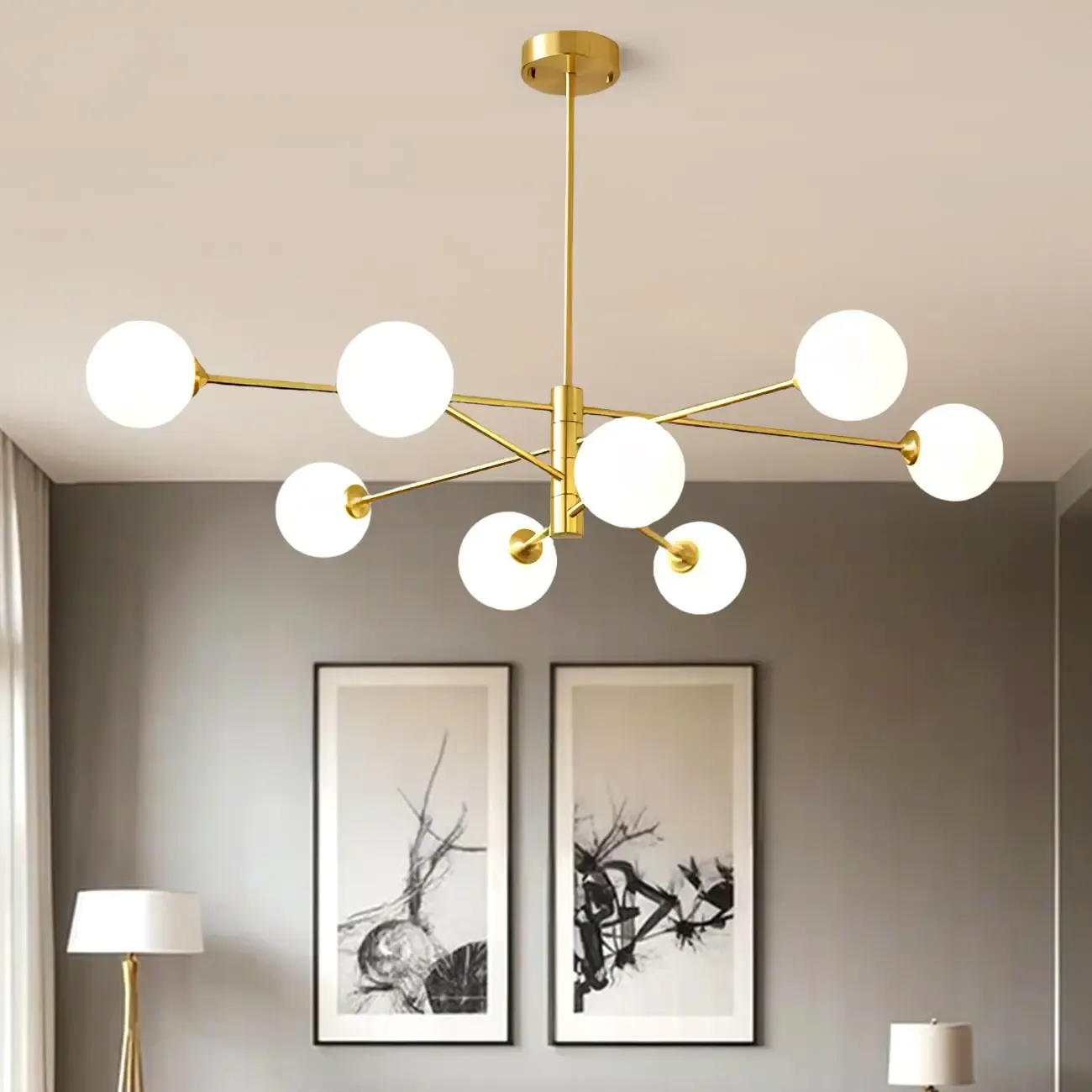  Modern 8-Light Sputnik Chandelier with Glass Lampshade Image - 1