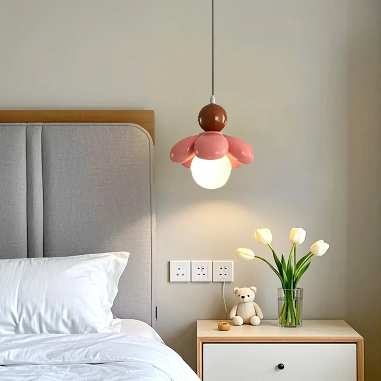 Cozy Pink LED Ball Pendant Light with Floral Clay Design for Bedside Image - 1 | homeyfad