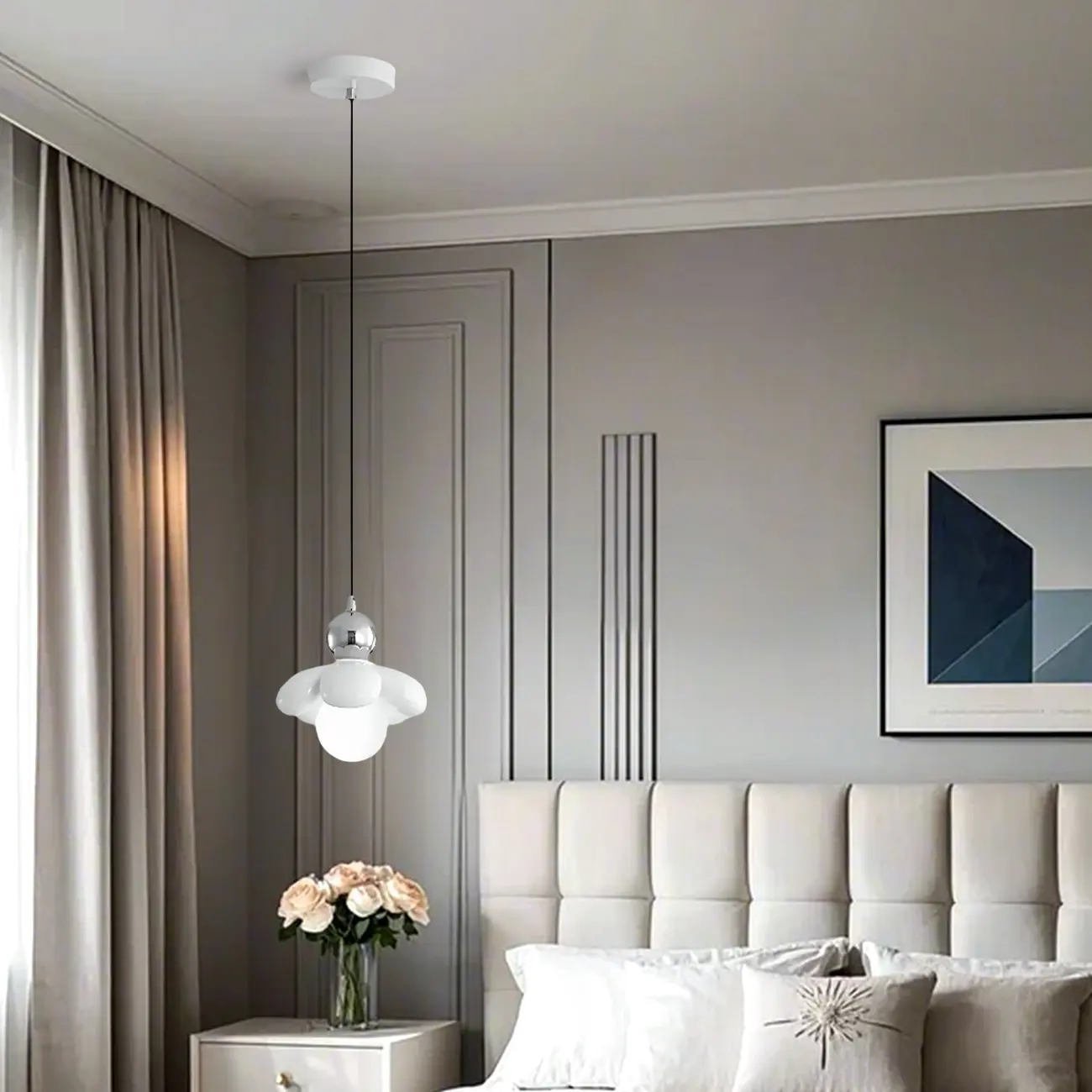 Cozy Pink LED Ball Pendant Light with Floral Clay Design for Bedside Image - 2 | homeyfad