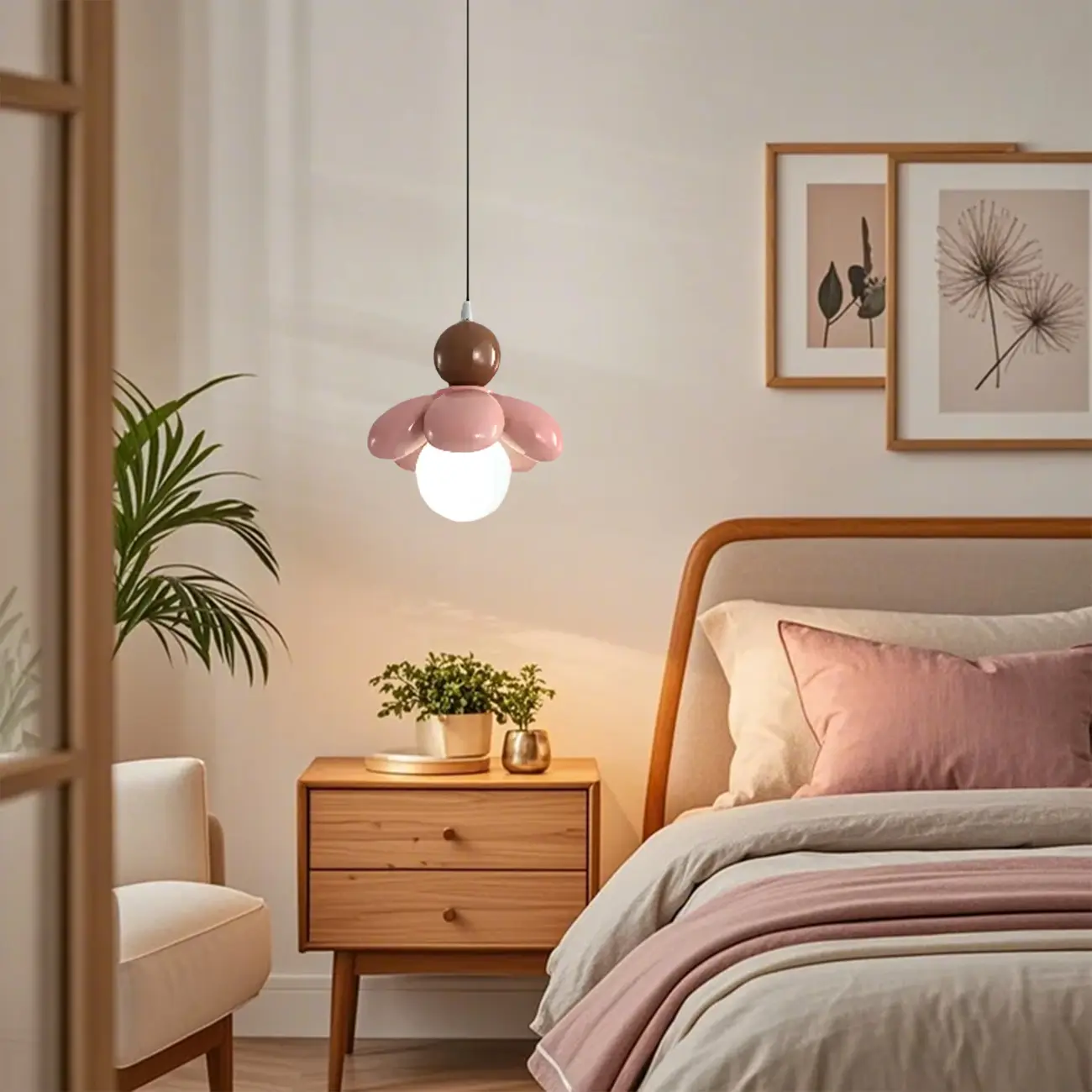Cozy Pink LED Ball Pendant Light with Floral Clay Design for Bedside Image - 3 | homeyfad