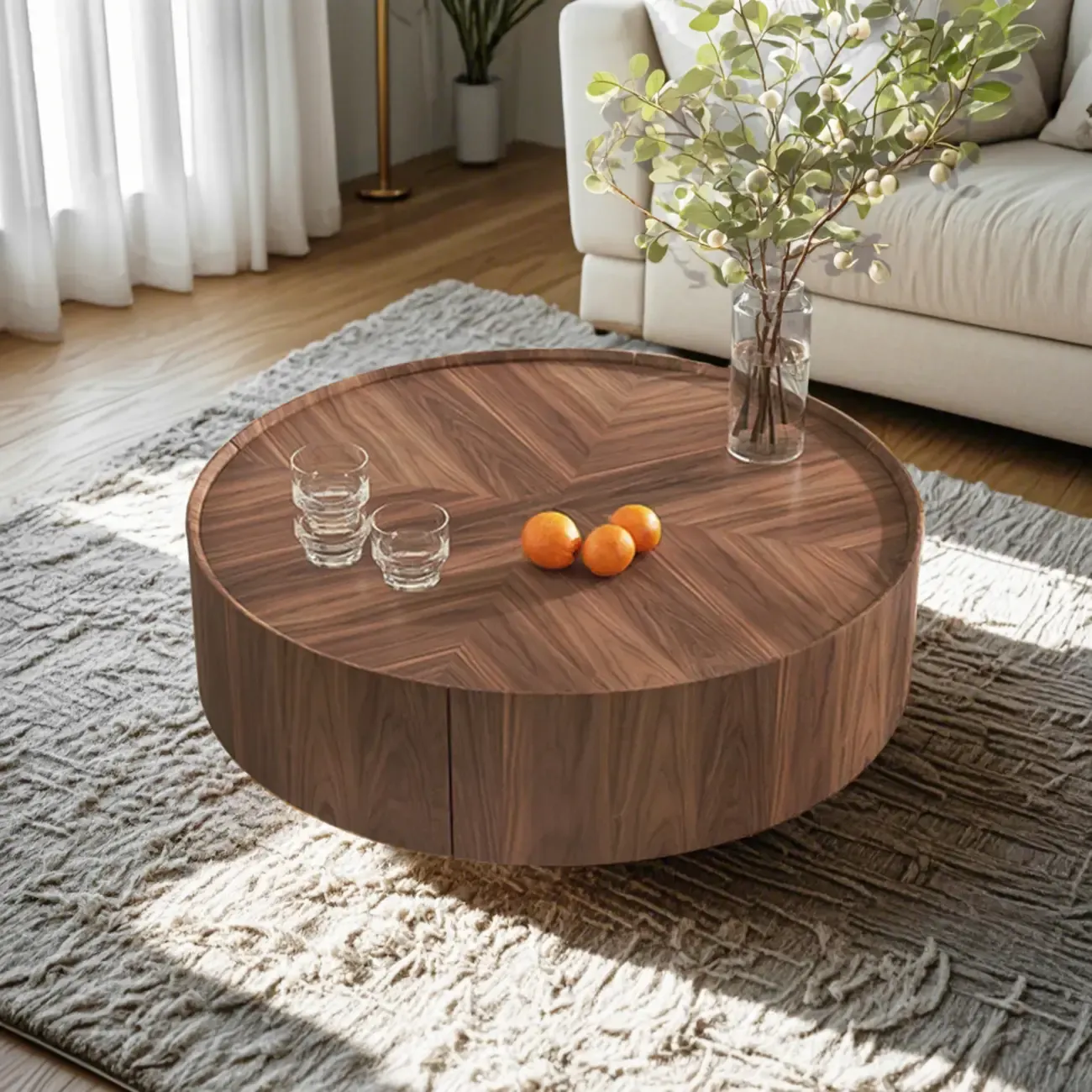 Brown Round Wood Tray Top 2 Drawers Coffee Table Image - 2