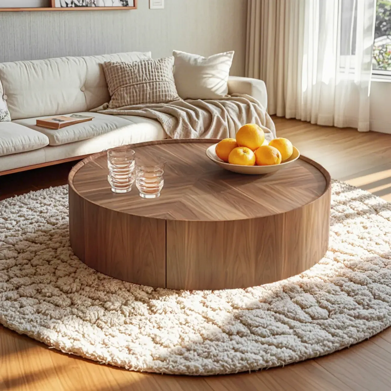 Brown Round Wood Tray Top 2 Drawers Coffee Table Image - 3