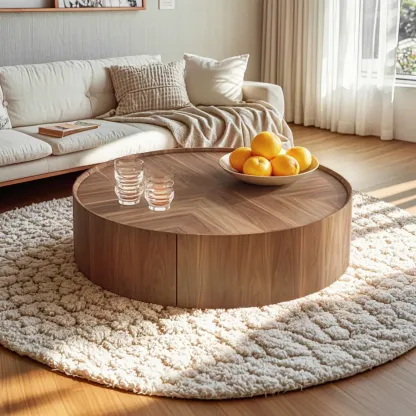 Brown Round Wood Tray Top 2 Drawers Coffee Table Image - 3