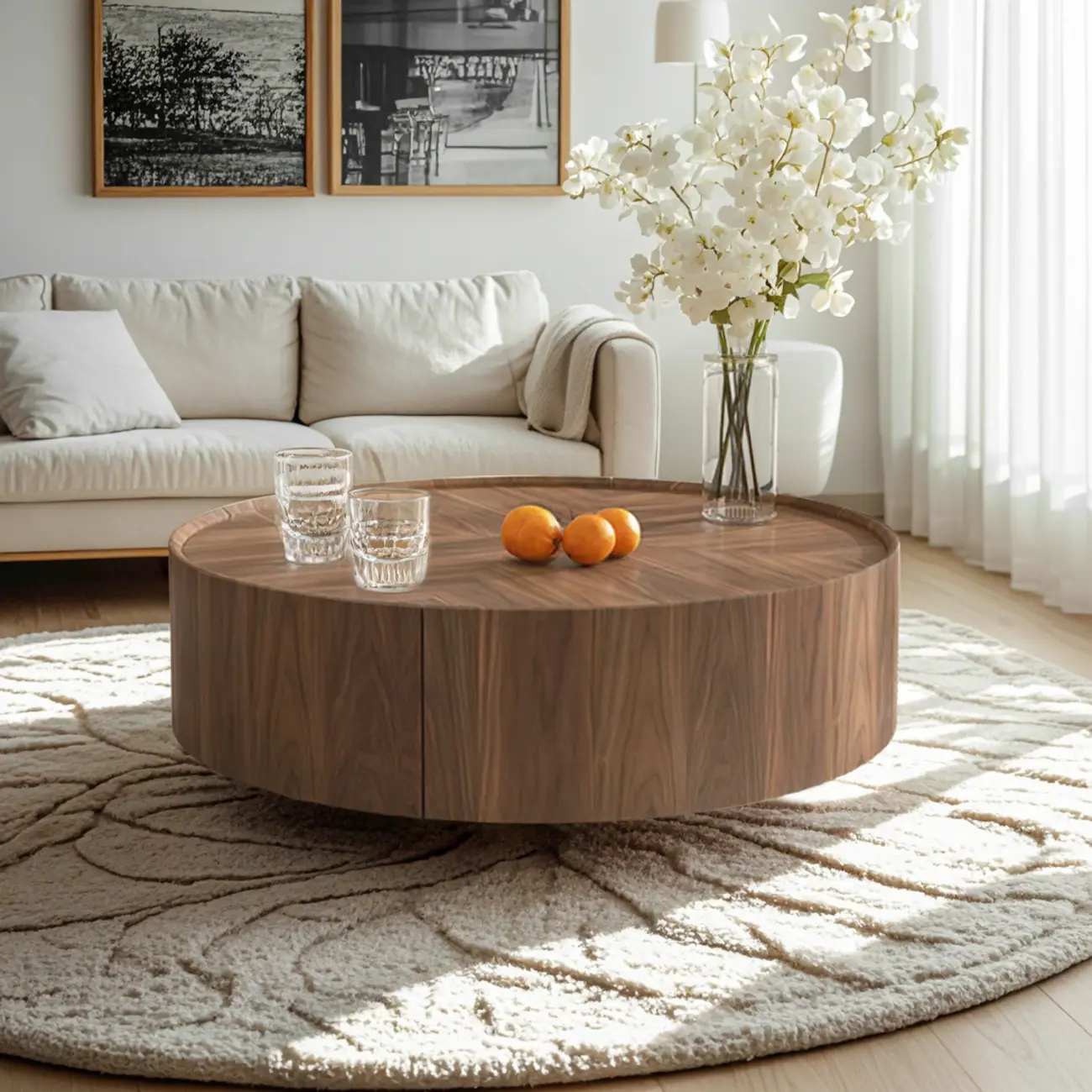 Brown Round Wood Tray Top 2 Drawers Coffee Table Image - 4 | homeyfad