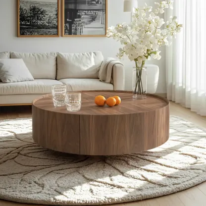 Brown Round Wood Tray Top 2 Drawers Coffee Table Image - 4