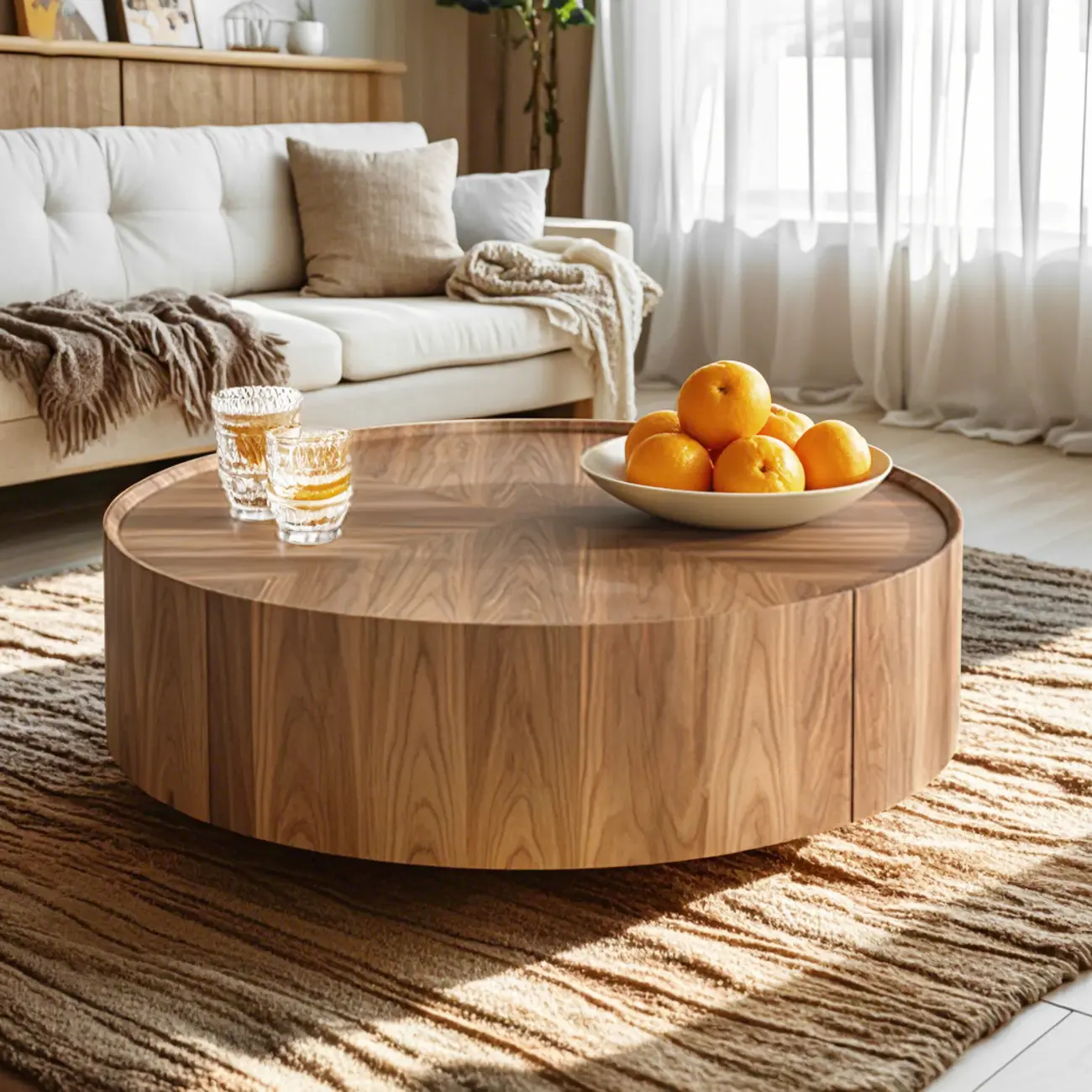 Brown Round Wood Tray Top 2 Drawers Coffee Table Image - 1 | homeyfad