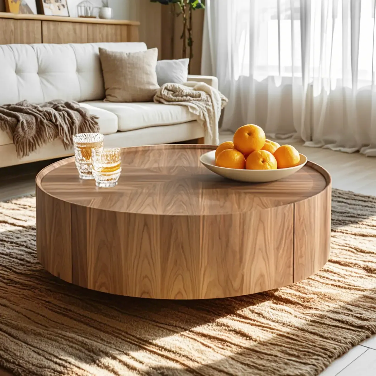 Brown Round Wood Tray Top 2 Drawers Coffee Table Image - 1