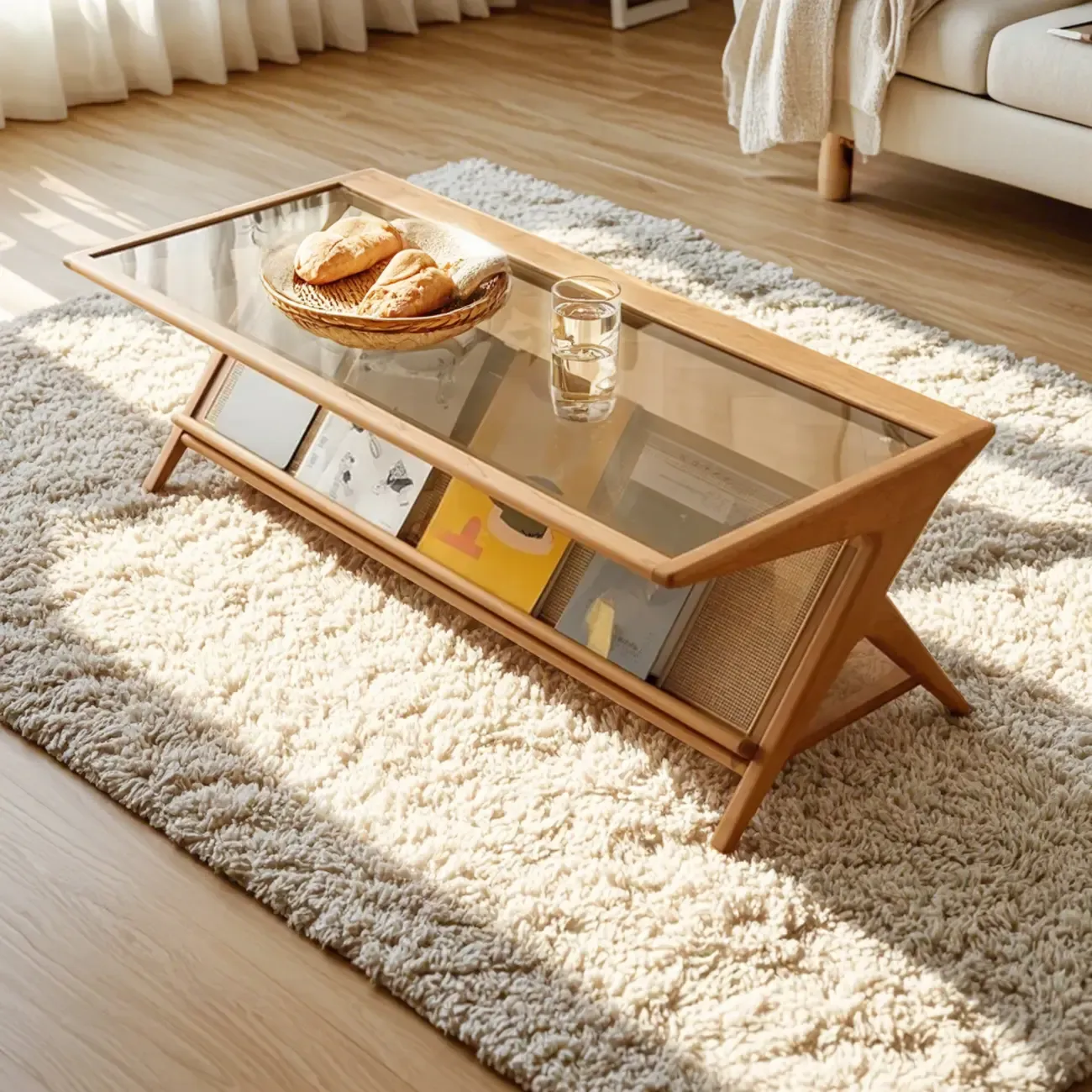 Modern Brown Rectangle Glass Wood Coffee Table with Shelf Image - 1