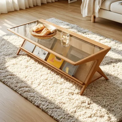 Modern Brown Rectangle Glass Wood Coffee Table with Shelf Image - 1