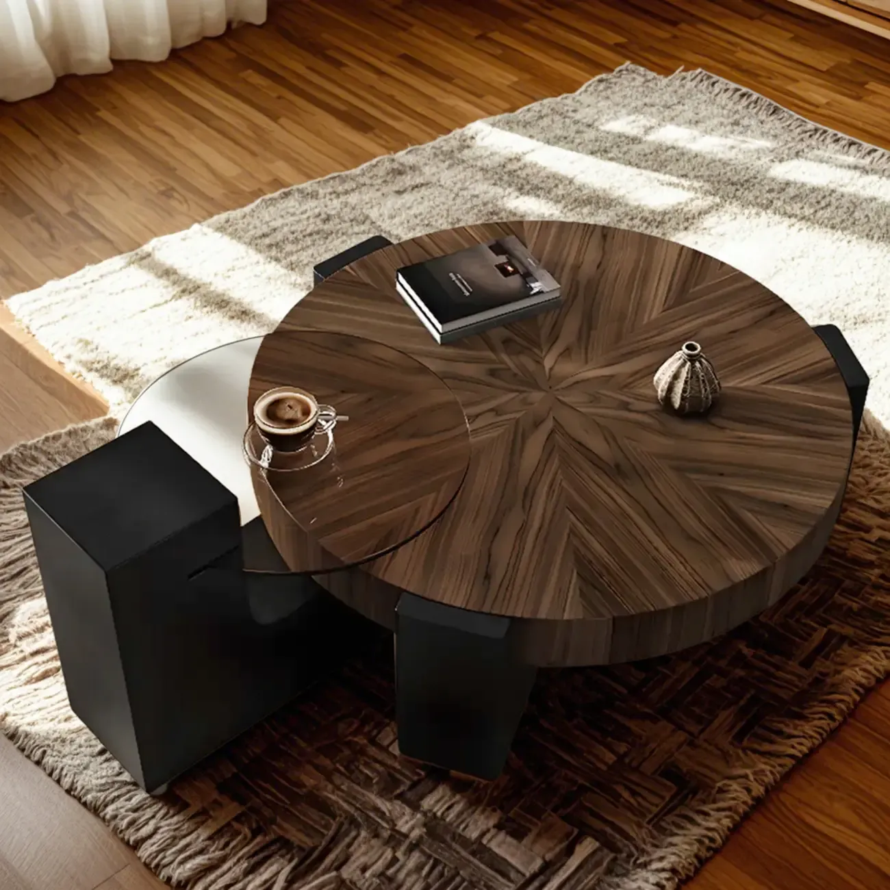 Reclaimed Wood Black Brown Round Coffee Table Image - 1