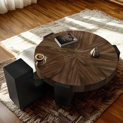 Reclaimed Wood Black Brown Round Coffee Table Image - 1
