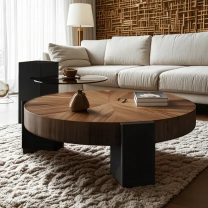 Reclaimed Wood Black Brown Round Coffee Table Image - 2