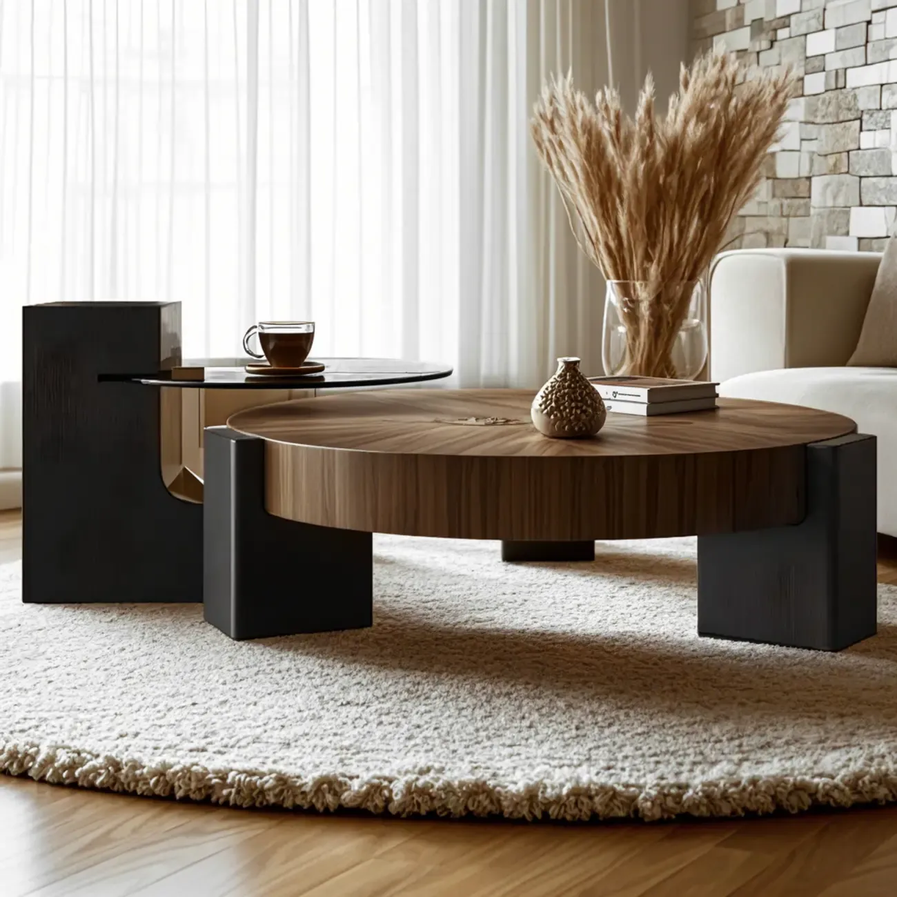Reclaimed Wood Black Brown Round Coffee Table Image - 3