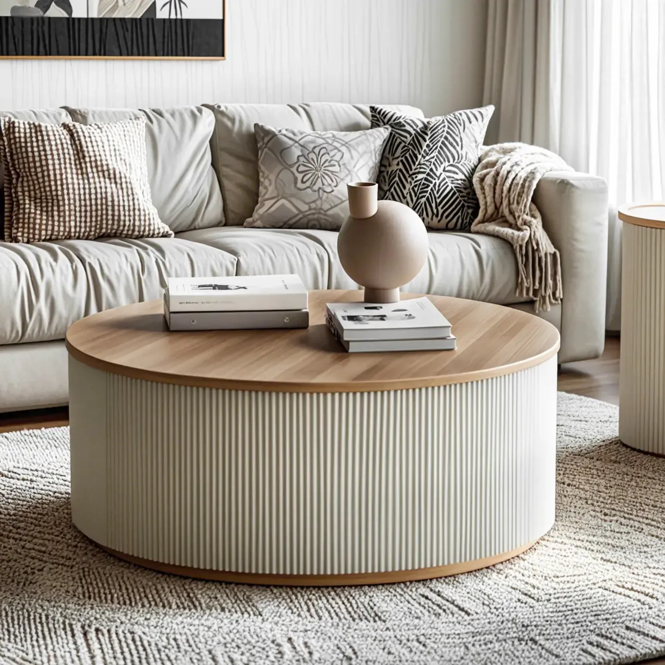 Scandinavian Wood Gray Cylinder Coffee Table with 2 Drawers Image - 1
