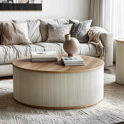 Scandinavian Wood Gray Cylinder Coffee Table with 2 Drawers Image - 1