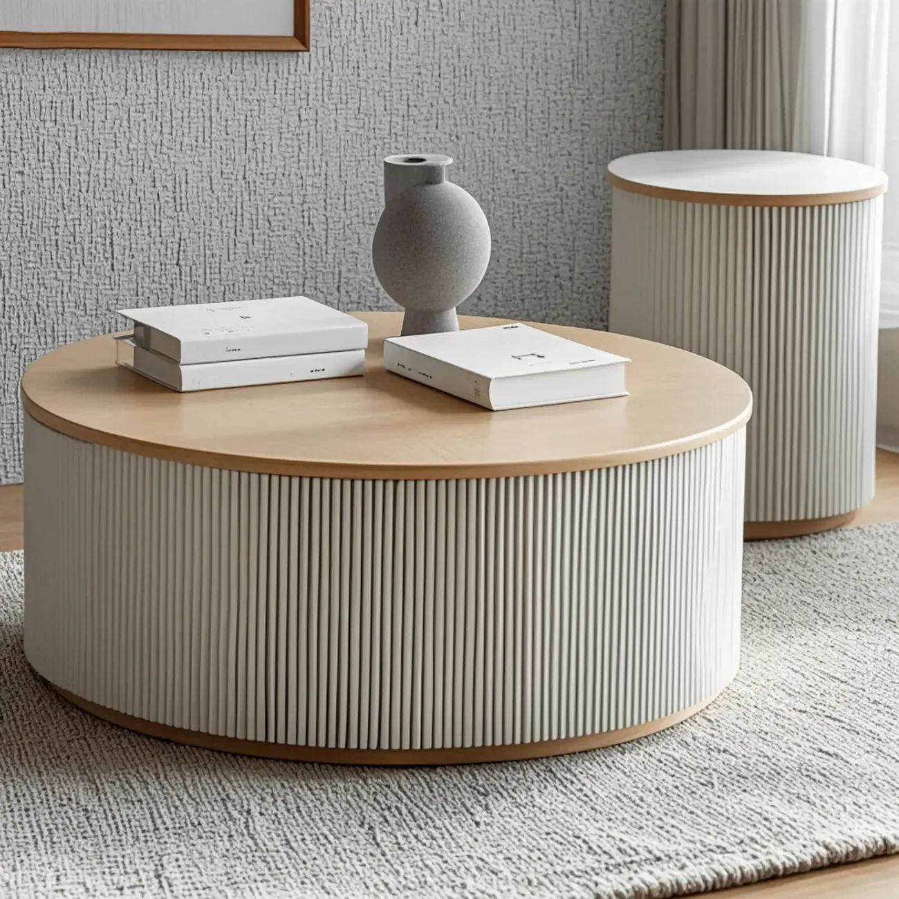 Scandinavian Wood Gray Cylinder Coffee Table with 2 Drawers Image - 2