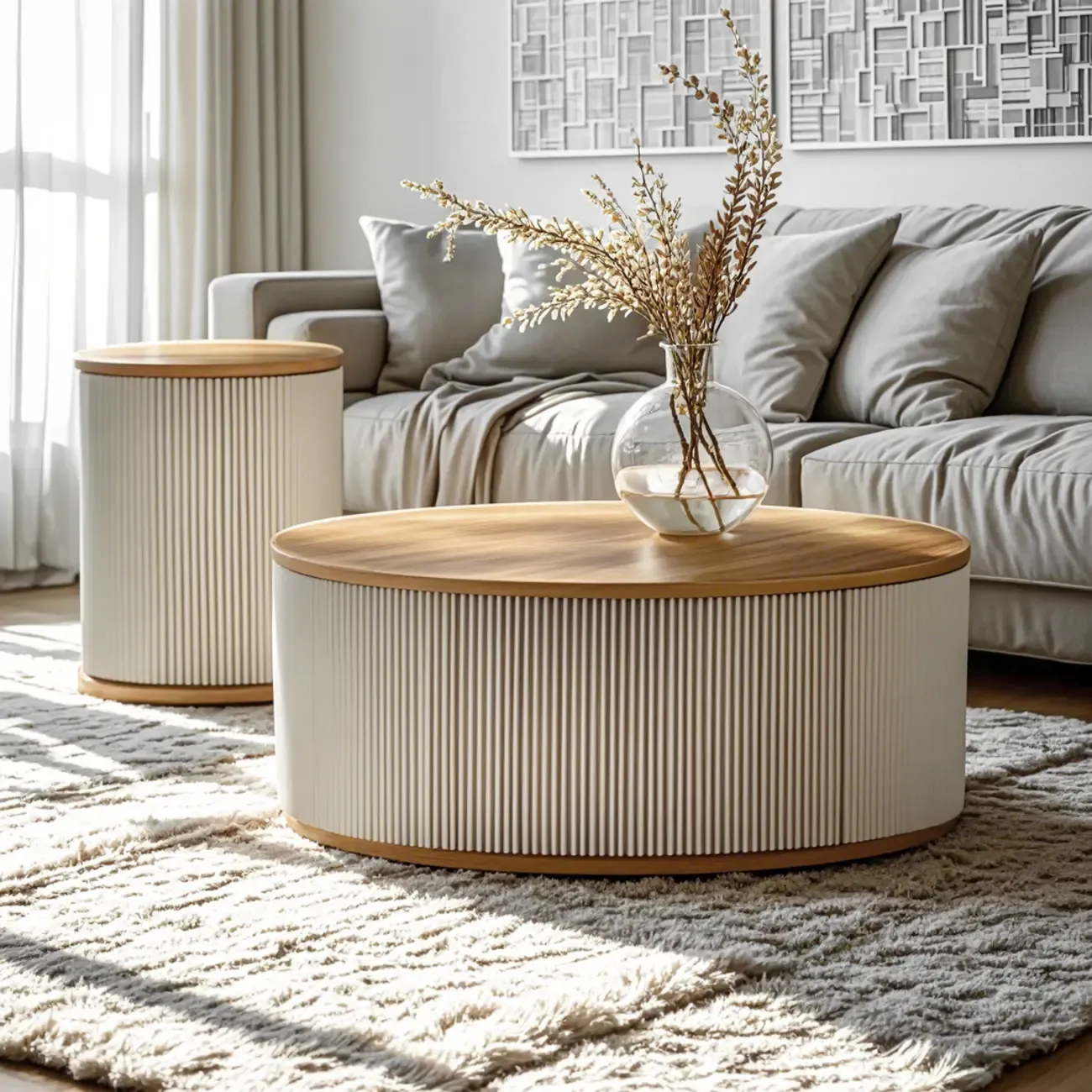 Scandinavian Wood Gray Cylinder Coffee Table with 2 Drawers Image - 3