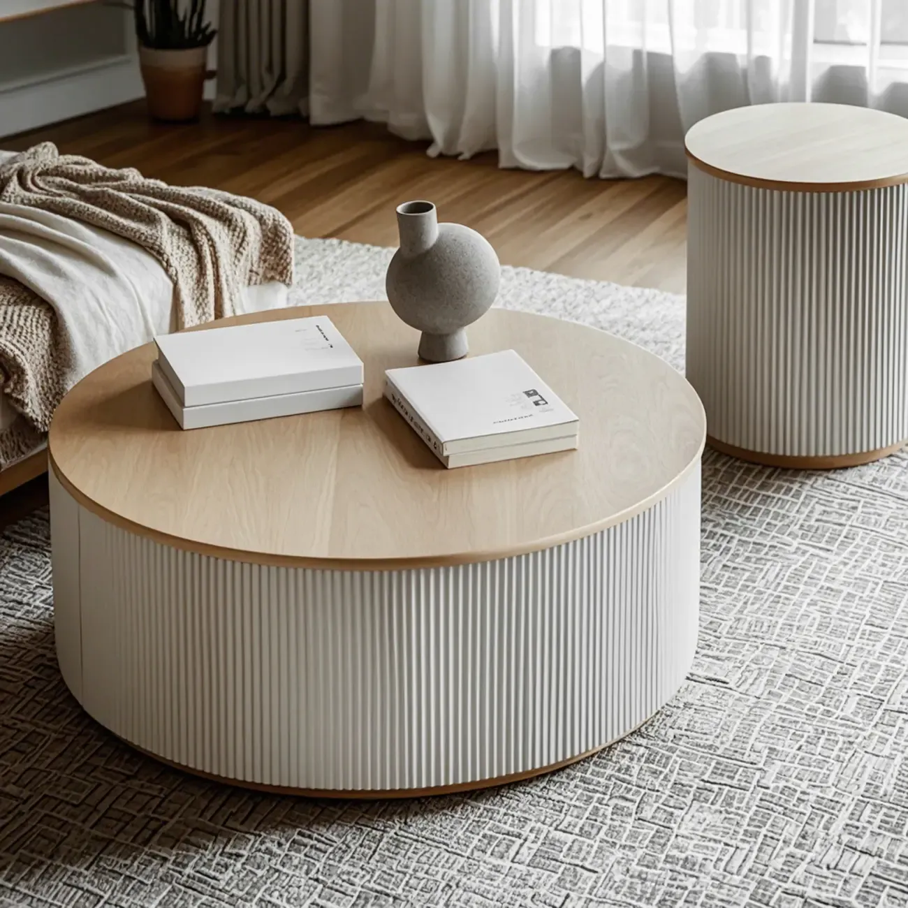Scandinavian Wood Gray Cylinder Coffee Table with 2 Drawers Image - 4