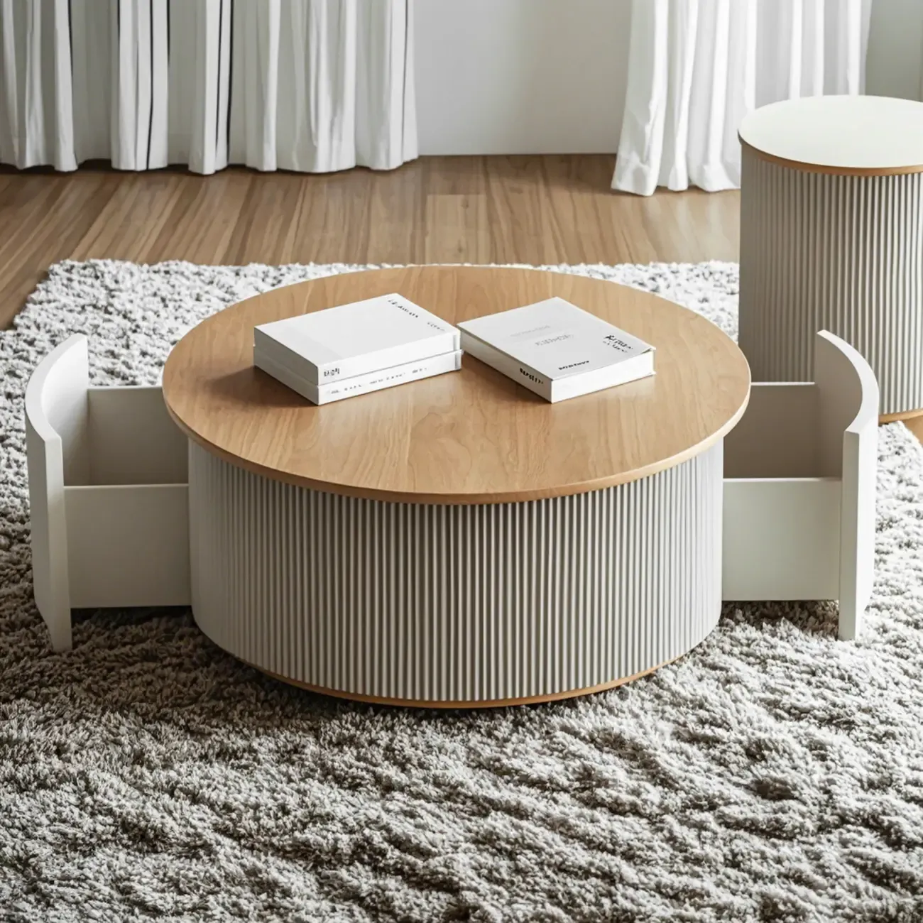 Scandinavian Wood Gray Cylinder Coffee Table with 2 Drawers Image - 6