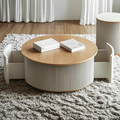 Scandinavian Wood Gray Cylinder Coffee Table with 2 Drawers Image - 6
