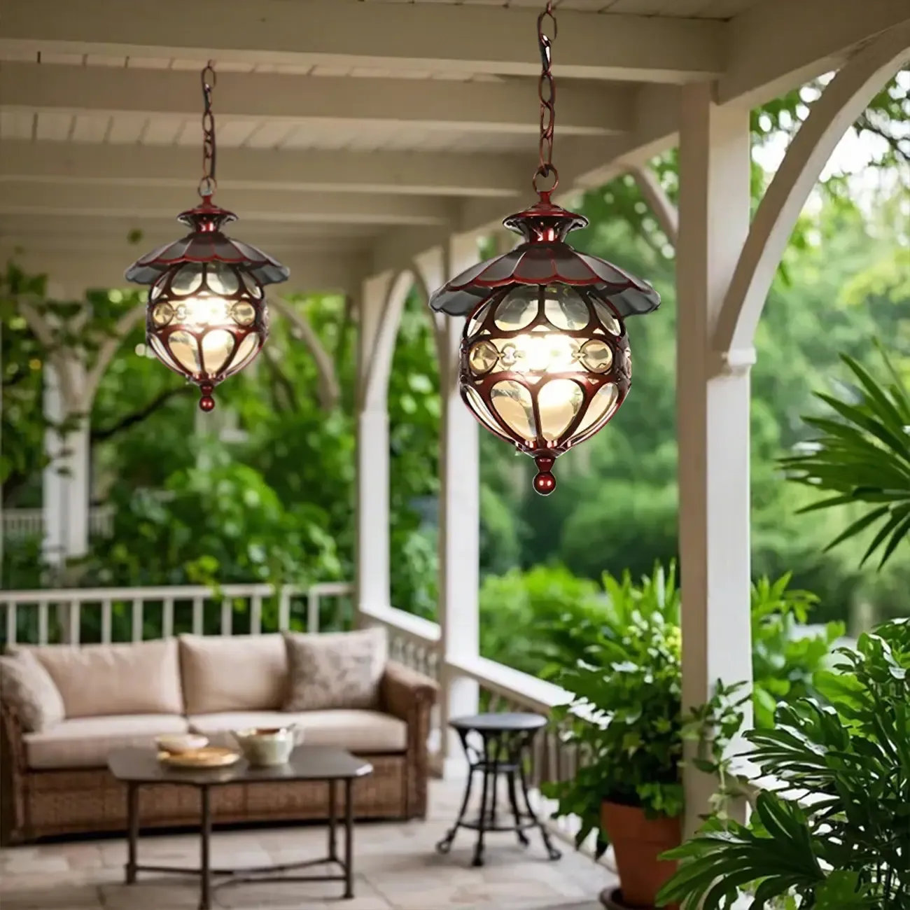 Vintage Bronze Glass Globe Outdoor Pendant Light Image - 1