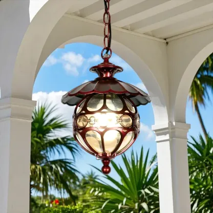 Vintage Bronze Glass Globe Outdoor Pendant Light Image - 3