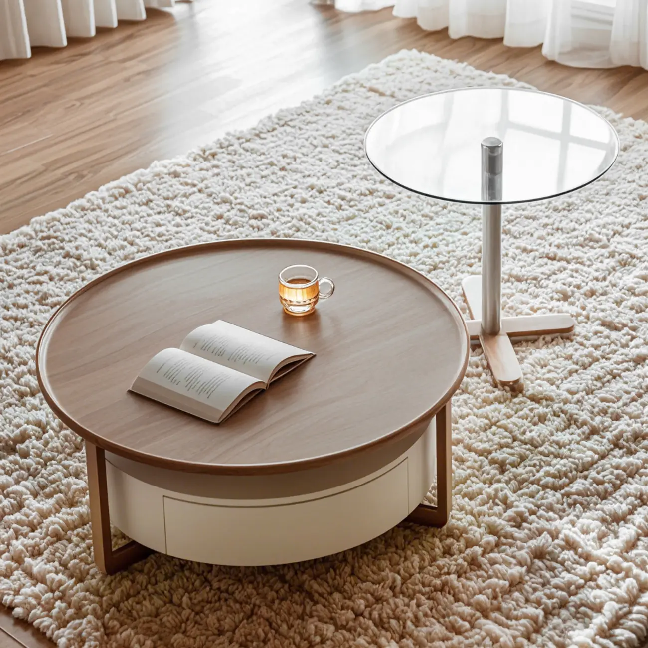 Round Wooden Top Coffee Table with Drawer