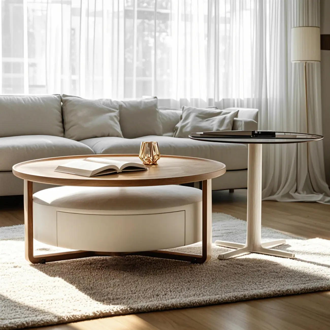 Modern Round Wooden Top Coffee Table with Drawer Image - 2 | homeyfad