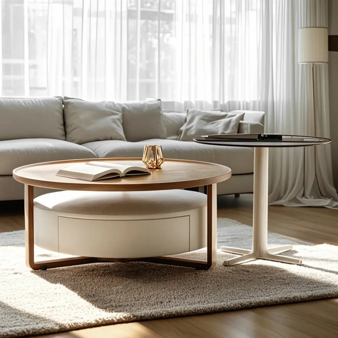 Modern Round Wooden Top Coffee Table with Drawer Image - 2
