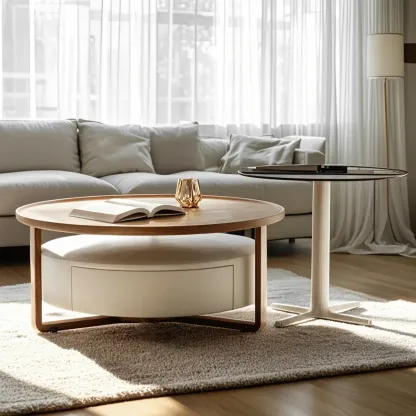 Modern Round Wooden Top Coffee Table with Drawer Image - 2