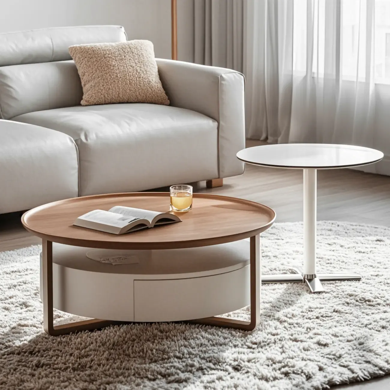 Modern Round Wooden Top Coffee Table with Drawer Image - 3