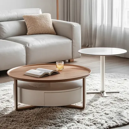 Modern Round Wooden Top Coffee Table with Drawer Image - 3