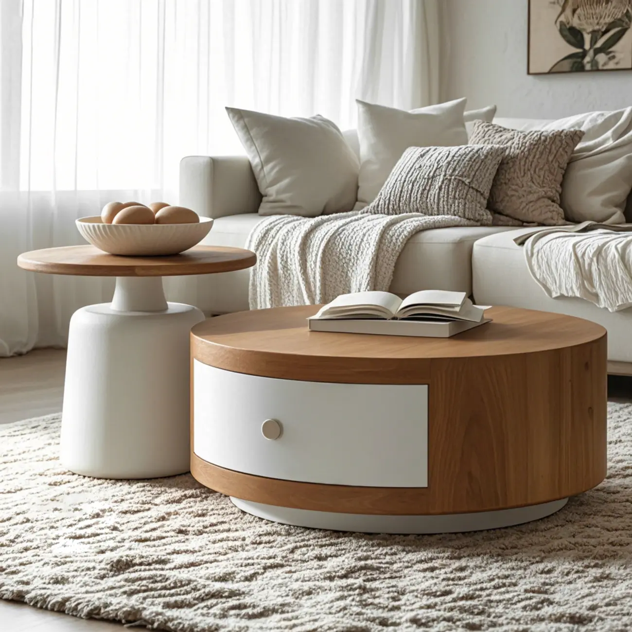 Modern Round Wood Brown Coffee Table with Storage Image - 1 | homeyfad