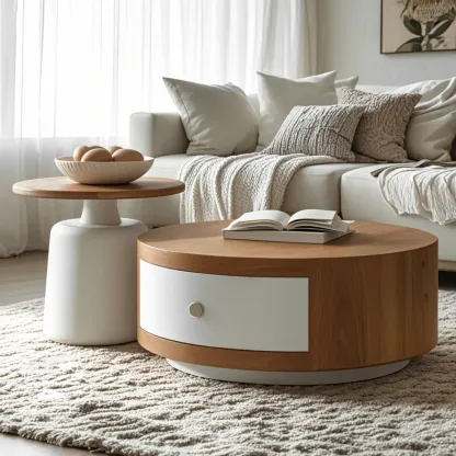 Modern Round Wood Brown Coffee Table with Storage Image - 1