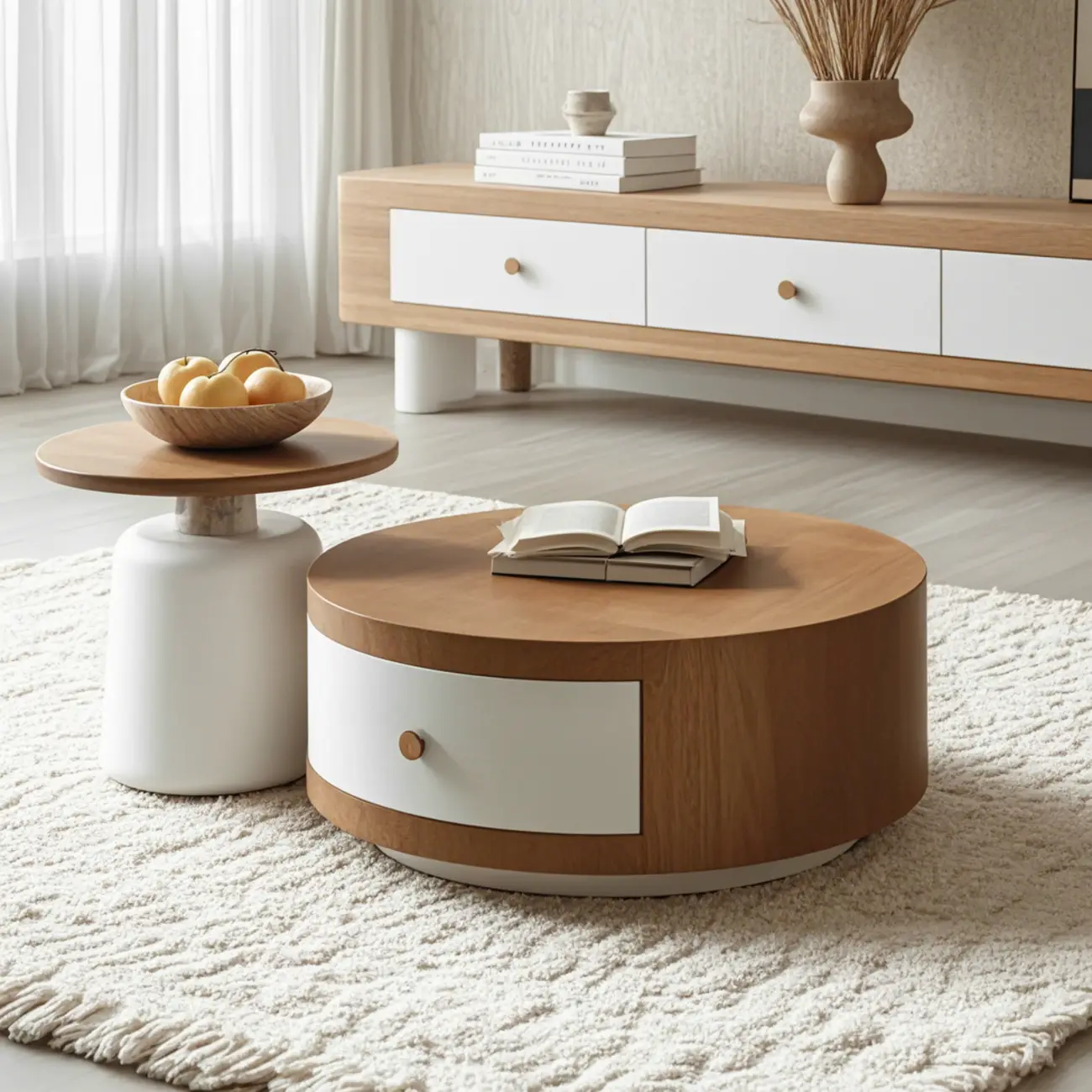 Modern Round Wood Brown Coffee Table with Storage Image - 2 | homeyfad