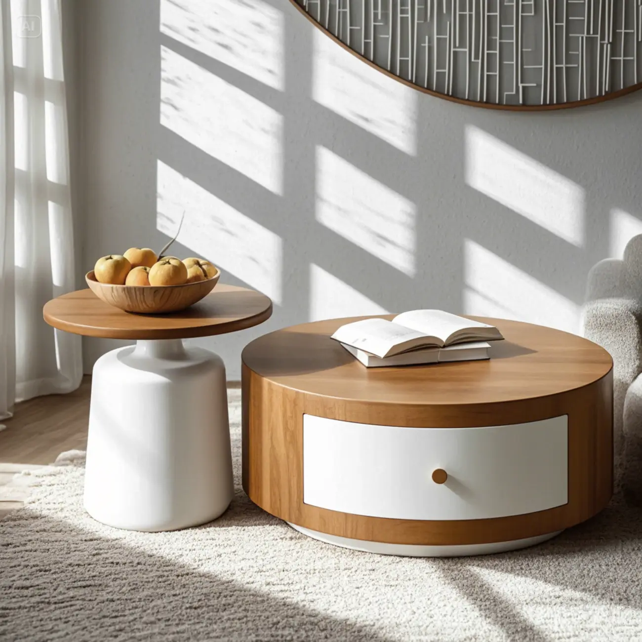 Modern Round Wood Brown Coffee Table with Storage Image - 3 | homeyfad
