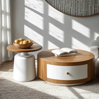 Modern Round Wood Brown Coffee Table with Storage Image - 3
