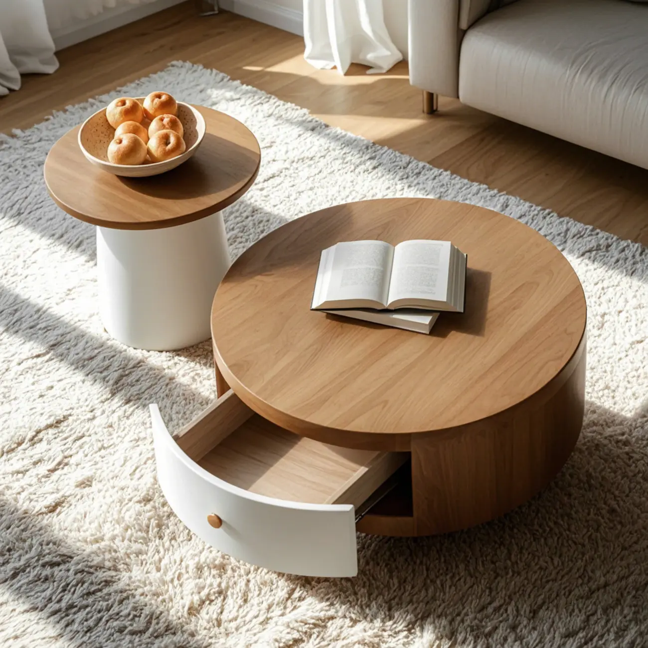 Modern Round Wood Brown Coffee Table with Storage Image - 4 | homeyfad