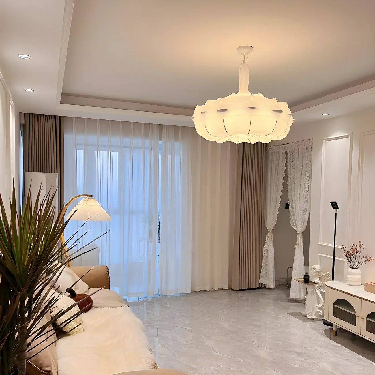 Modern White Flower-Shaped Drum Chandelier Height Adjustable Image - 5 | homeyfad